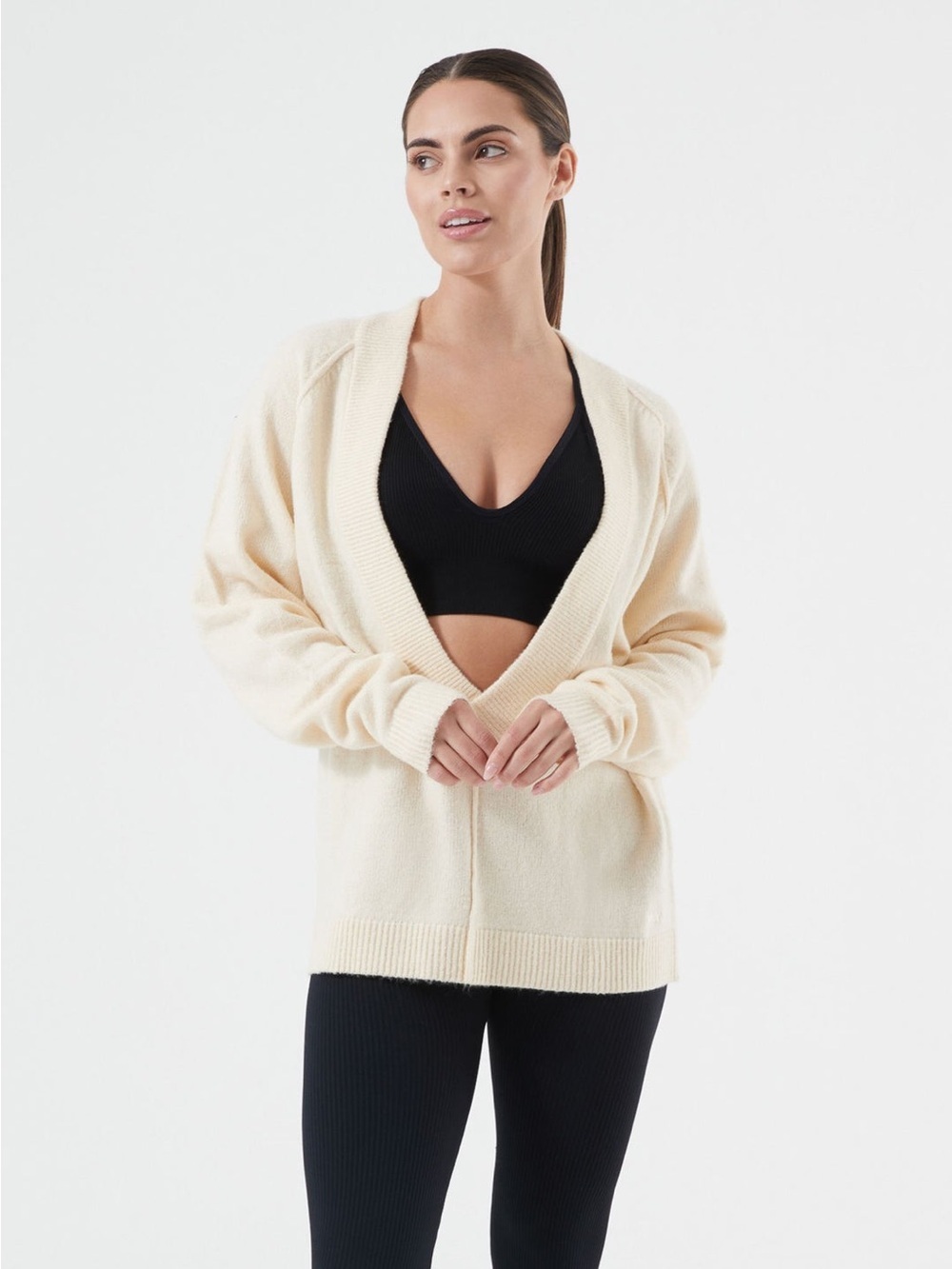 NUX Season Deep V Sweater Vanilla Cream Knit Pullover Medium NWT